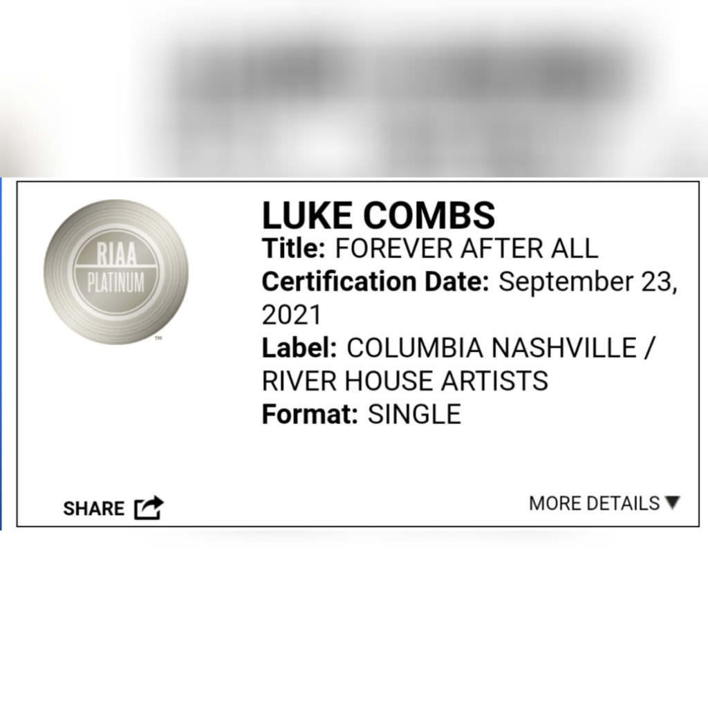 Luke Combs' ChartTopping Hit "Forever After All" Goes Platinum Music